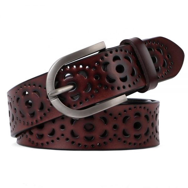 Perforated Designer Leather Belt for women pants jeans with Retro Pin Buckle