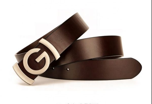 Luxury G Plain Buckle Design Brown Original Cowhide Leather Belt