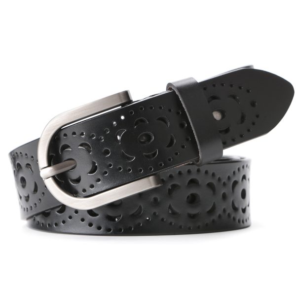 Perforated Designer Leather Belt for women pants jeans with Retro Pin Buckle