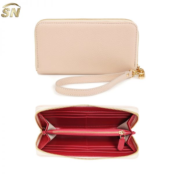 Hot sale pebble leather women wallet with wrist strap