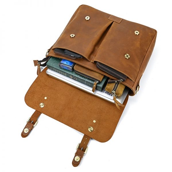 Men Crazy Horse Leather Briefcase Vintage 14 Inch Laptop Bag