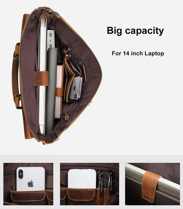 Men Crazy Horse Leather Briefcase Vintage 14″ Laptop Bag