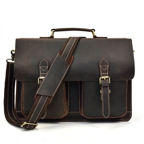 Men Crazy Horse Leather Business Bag Leather Briefcase For 15.6″ Laptop
