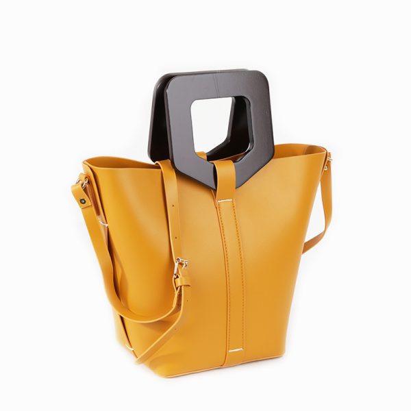 Custom smooth leather wooden handle ladies handbag