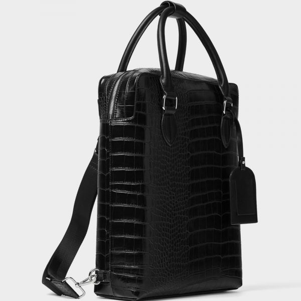 Black embossed crocodile animal print tote backpack